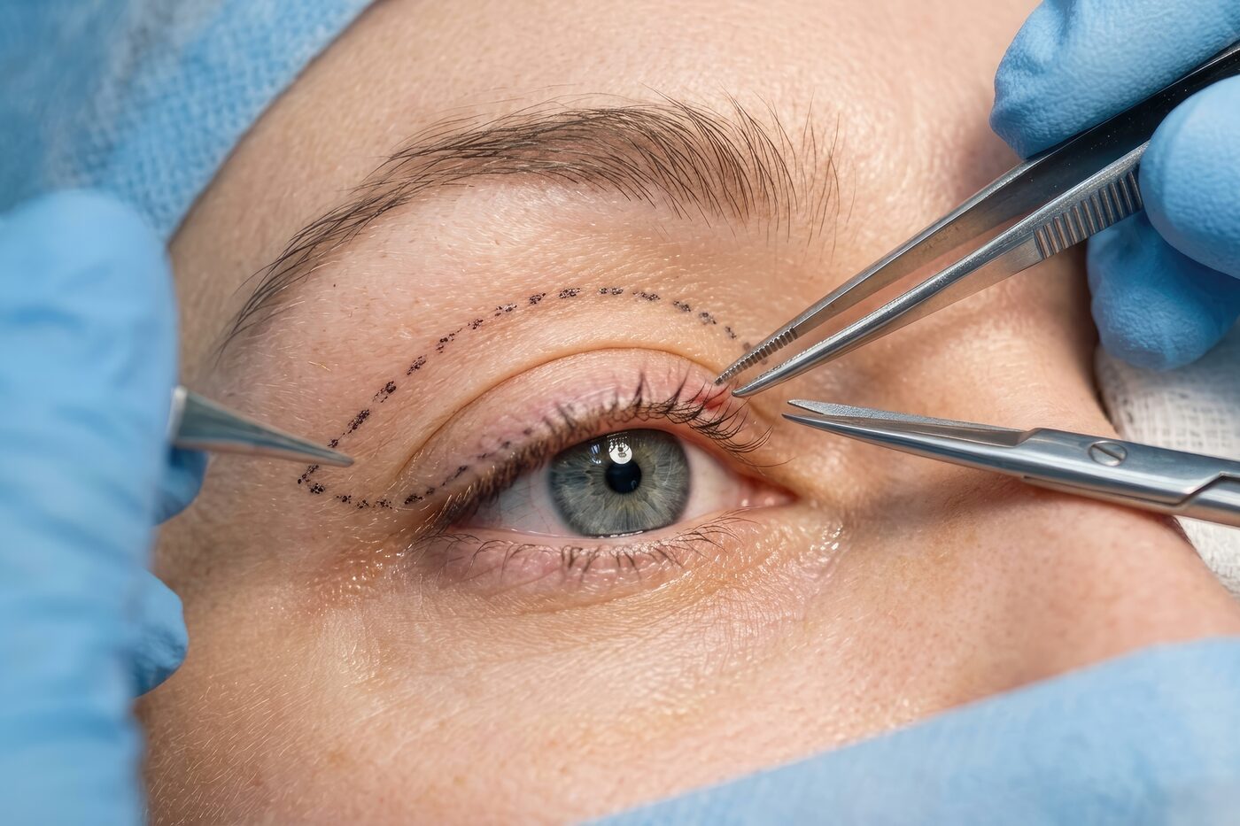 Gloved hands holding fine surgical instruments beside an upper eyelid marked along its crease for blepharoplasty (illustrative image)