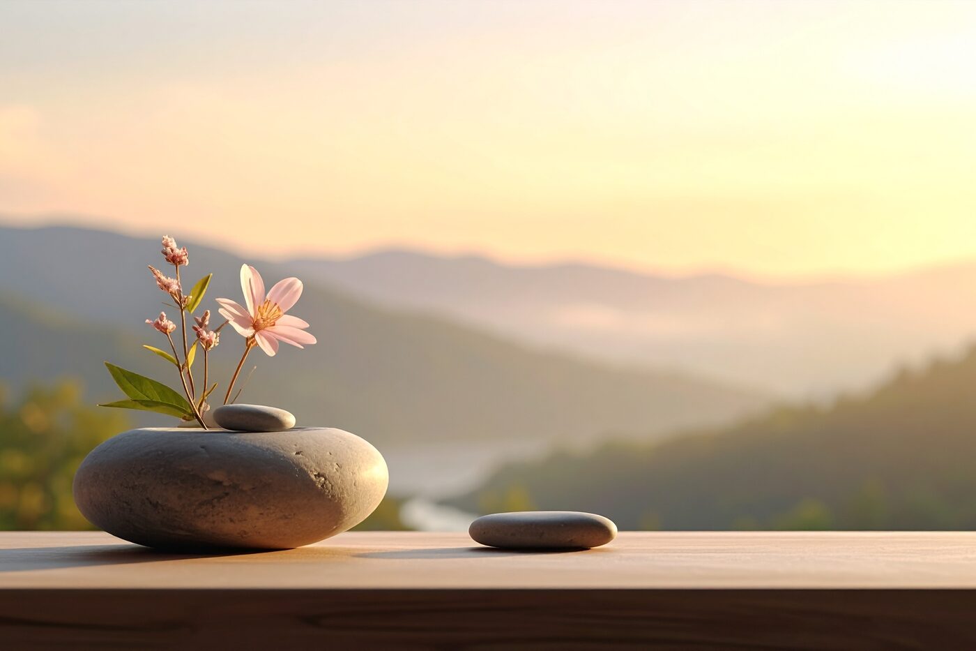 Smooth stones and a pink flower on a wooden ledge, overlooking hills in soft morning light